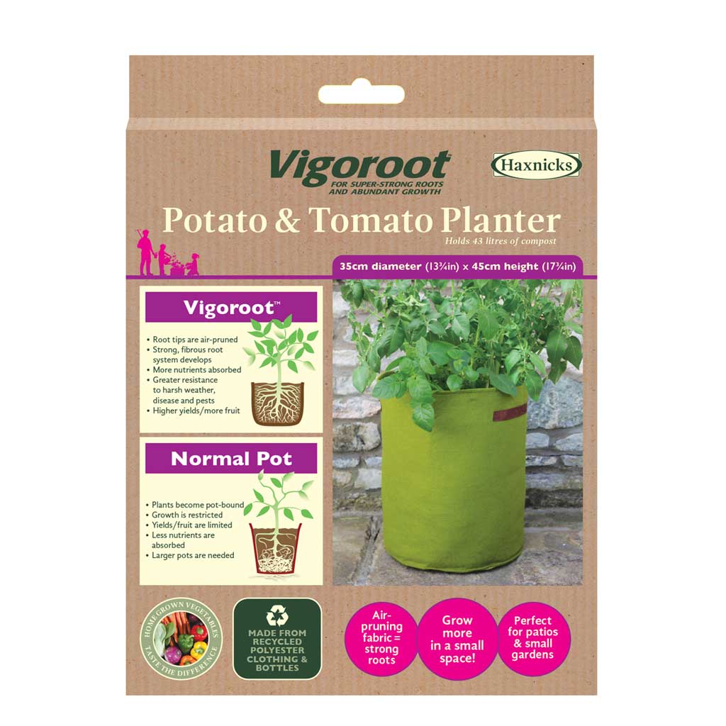 Vigoroot Potato & Tomato Planter packaging with text and images of plants.