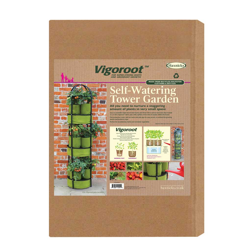 Vigoroot self-watering tower garden packaging with images of the product on a white background