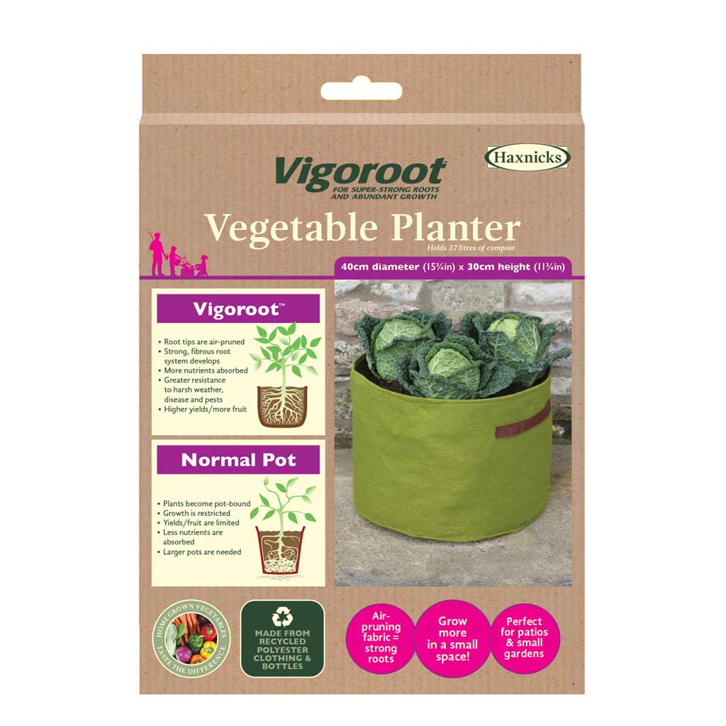Vigoroot Vegetable Planter packaging with text and images of a green planter.