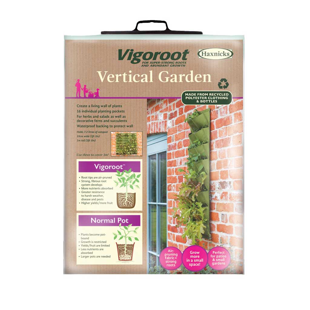 Vigoroot vertical garden packaging with brick wall and window background