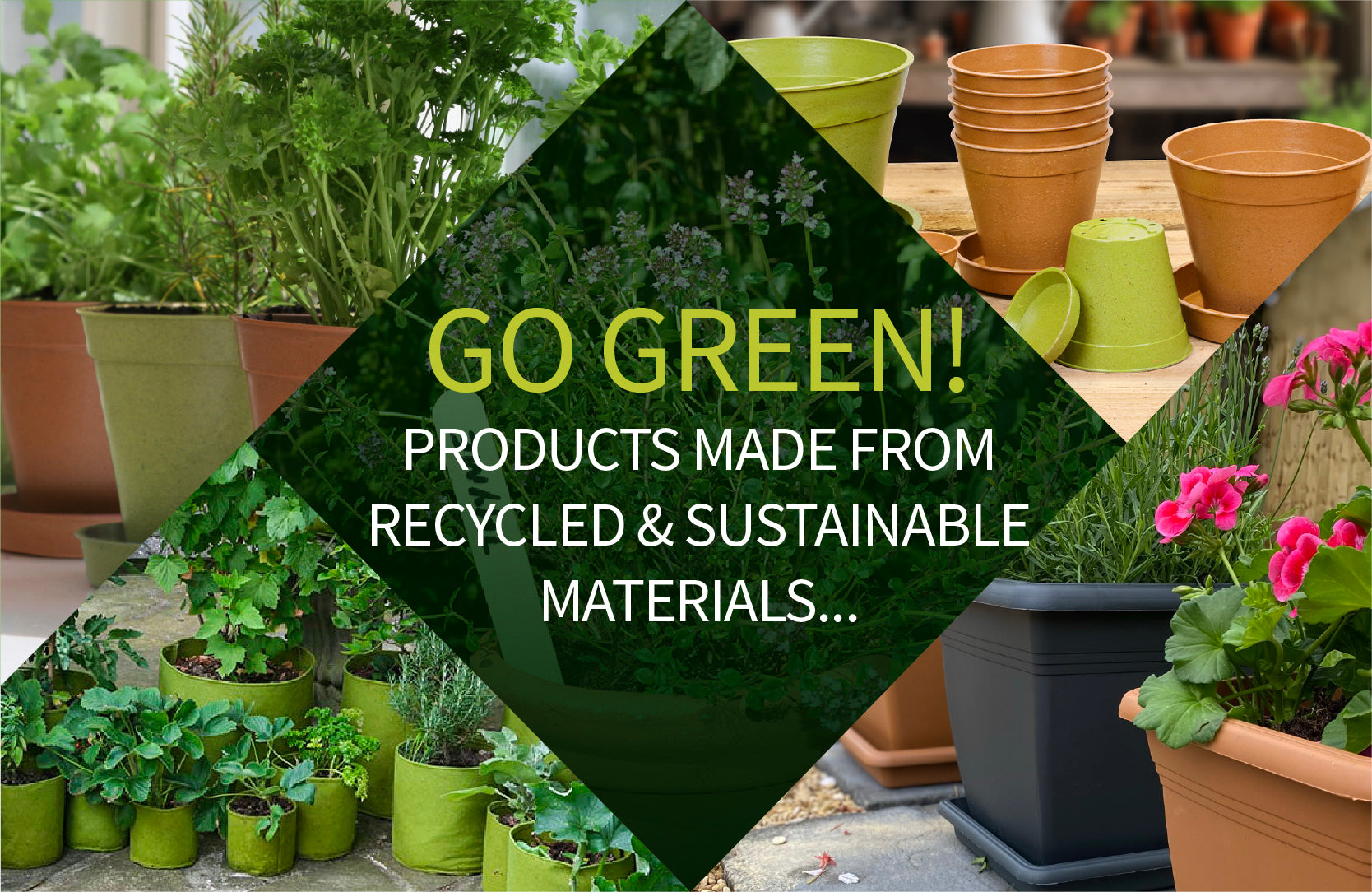 Gardening pots with a 'Go Green!' text overlay on a blurred background of plants and pots.