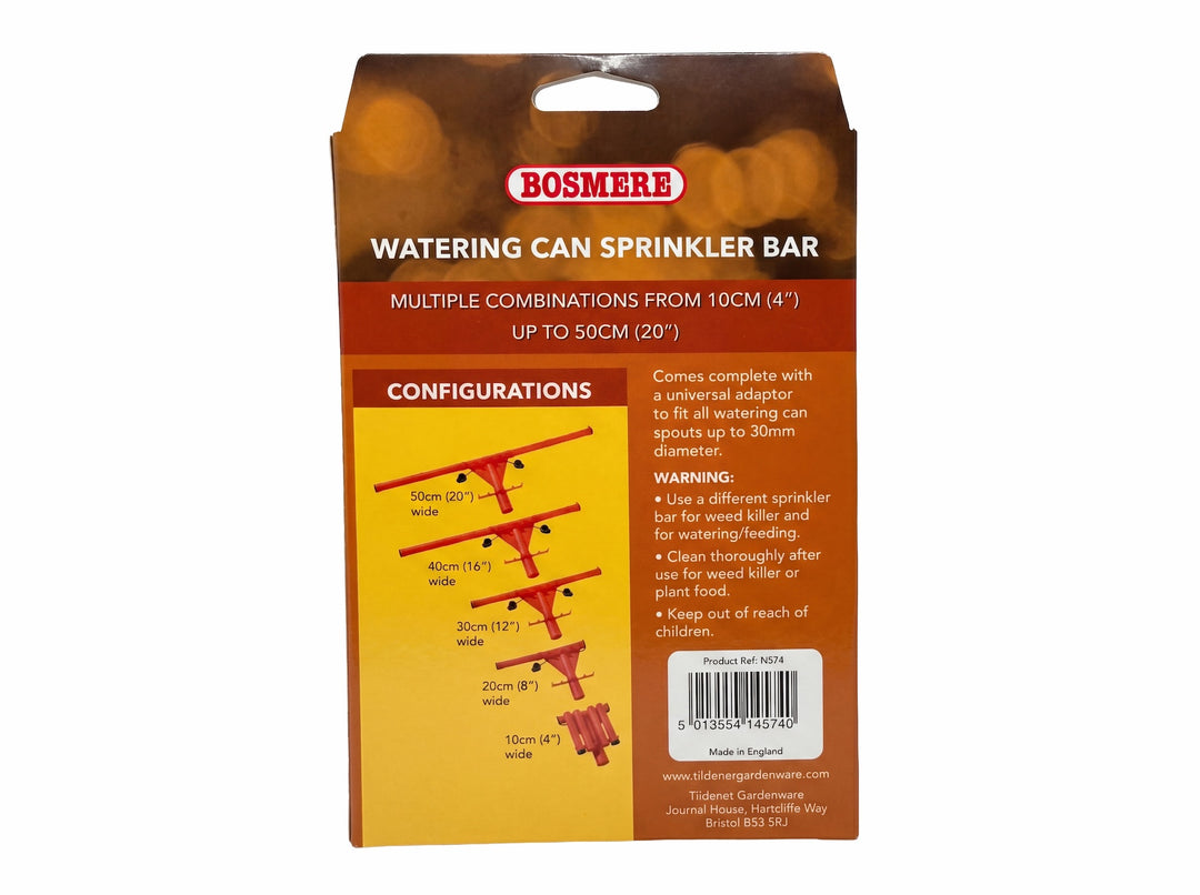 Back of the packaging box for the bosmere watering can sprinkler bar