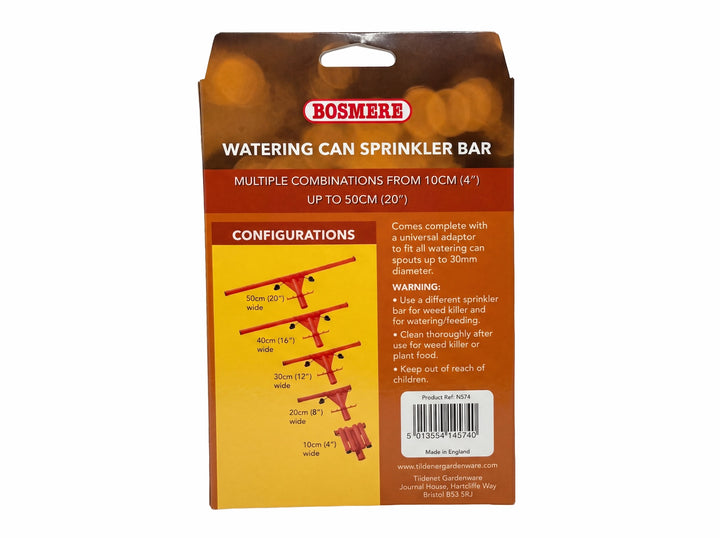 Back of the packaging box for the bosmere watering can sprinkler bar