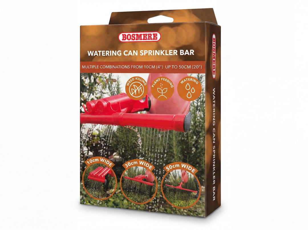 Front on shot of the packaging box for the bosmere watering can sprinkler bar
